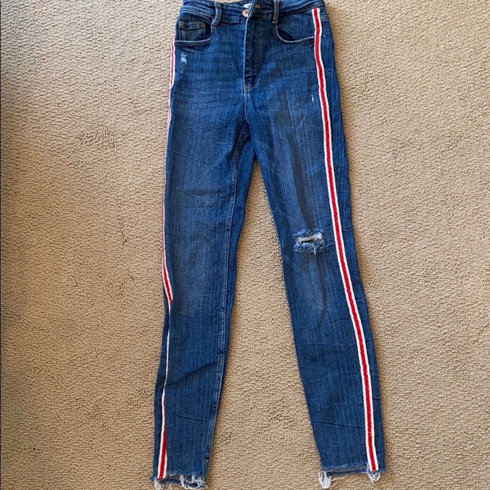 Zara straight leg jean with red/white stripe